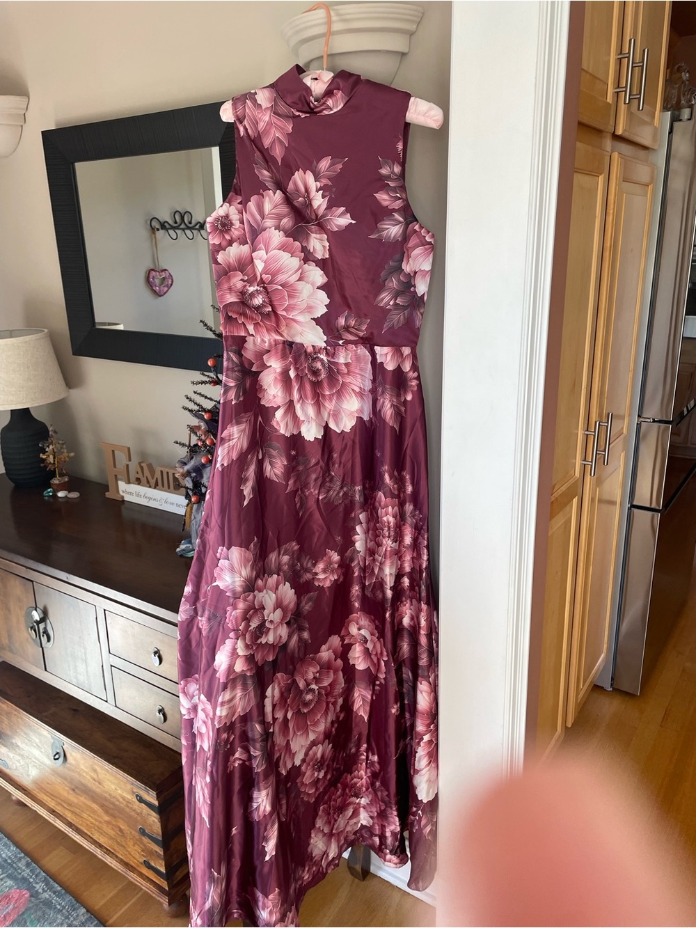 Floral High-Neck Maxi Dress in Burgundy and Pink